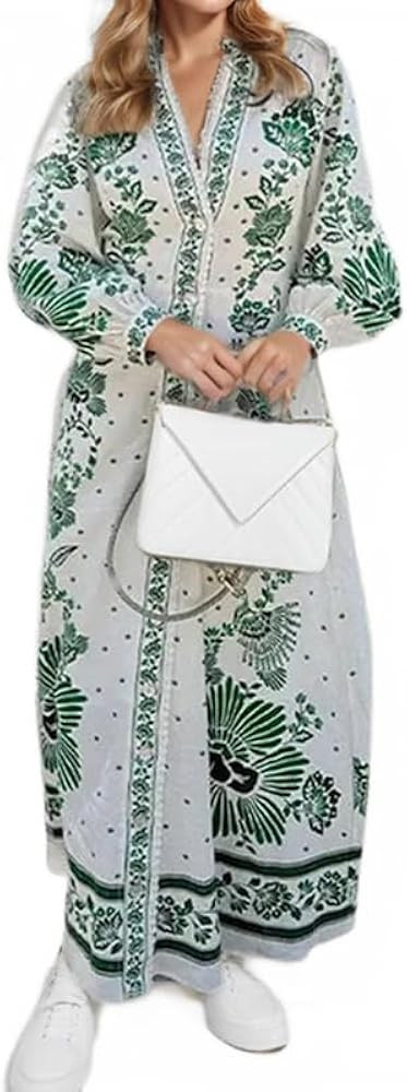 Melliflo Womens Boho Colorful Graffiti Dress Lantern Sleeve Floral Flowy Dress Polo Neck Maxi Dre... | Amazon (US)
