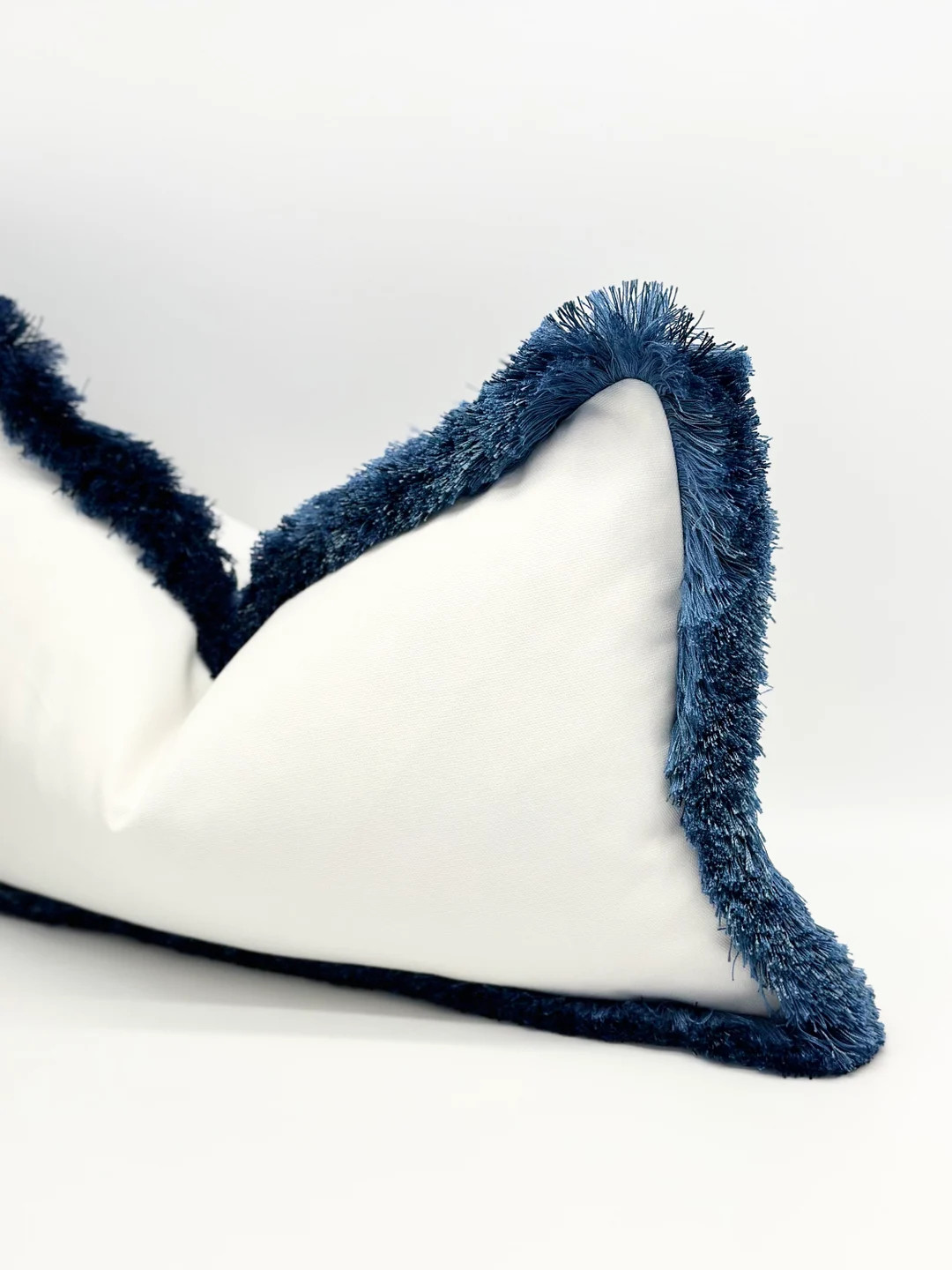 White Throw Pillow Cover With Blue Brush Fringe Detail , Coastal Pillow Cover for Sofa Bed , Whit... | Etsy (US)