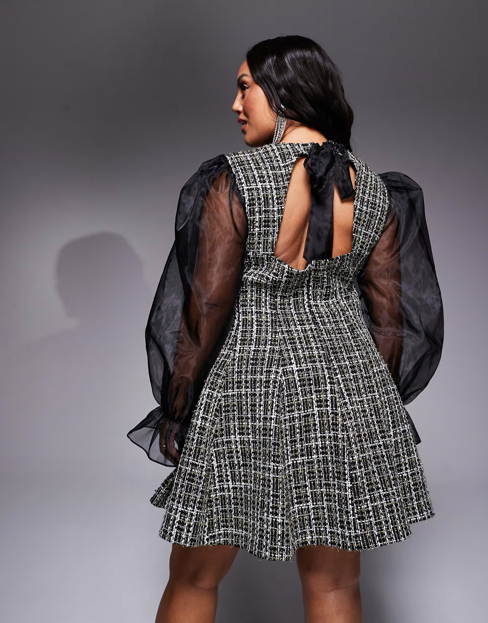 ASOS LUXE Curve glitter boucle dress with organza collar in black | ASOS (Global)