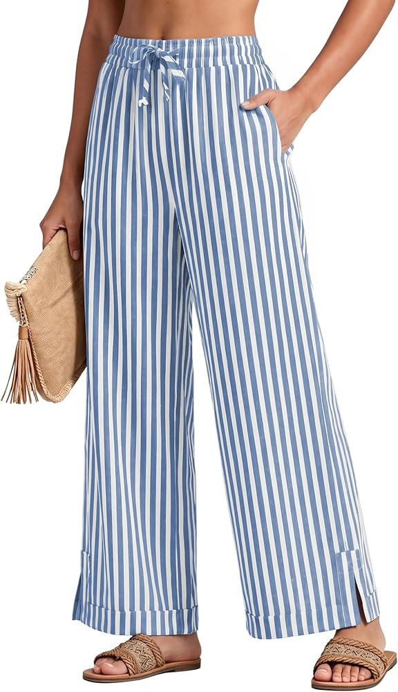 Athlisan Womens Wide Leg Striped Palazzo Pants Casual Summer Elastic Waisted Beach Lounge Trousers with Pockets | Amazon (US)