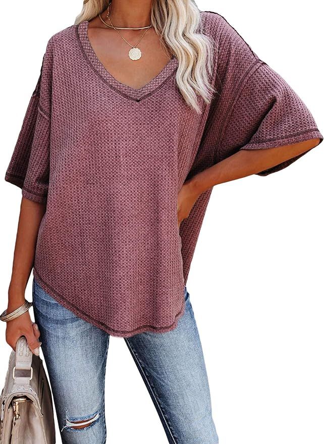BLENCOT Women's V Neck Waffle Knit Short Sleeve Tunic Tops Casual Loose Blouses Shirts | Amazon (US)