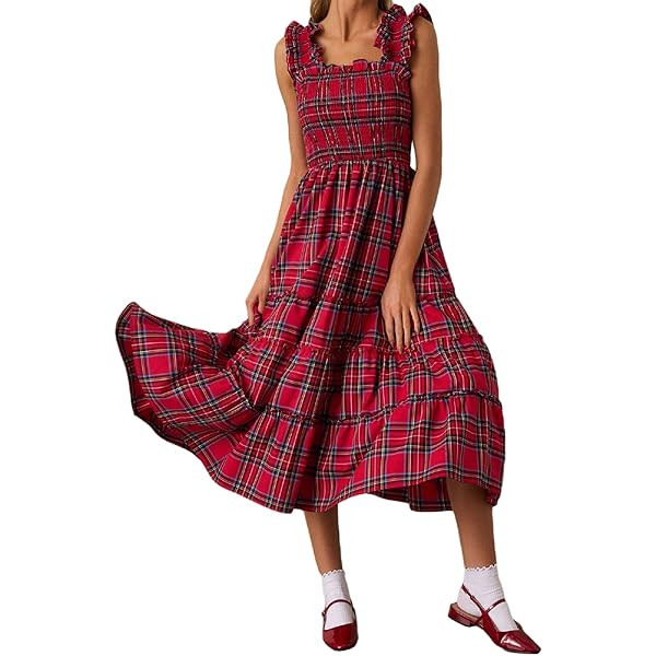 Christmas Plaid Maxi Dress for Women Smocked Square Neck Sleeveless Long Dress Ruffle Flowy Check... | Amazon (US)