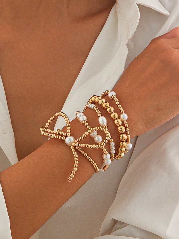 5pcs Fashionable Niche Gold Beaded Bow & Faux Pearl Decor Bracelet Set, Fits Any Occasion, Romant... | SHEIN