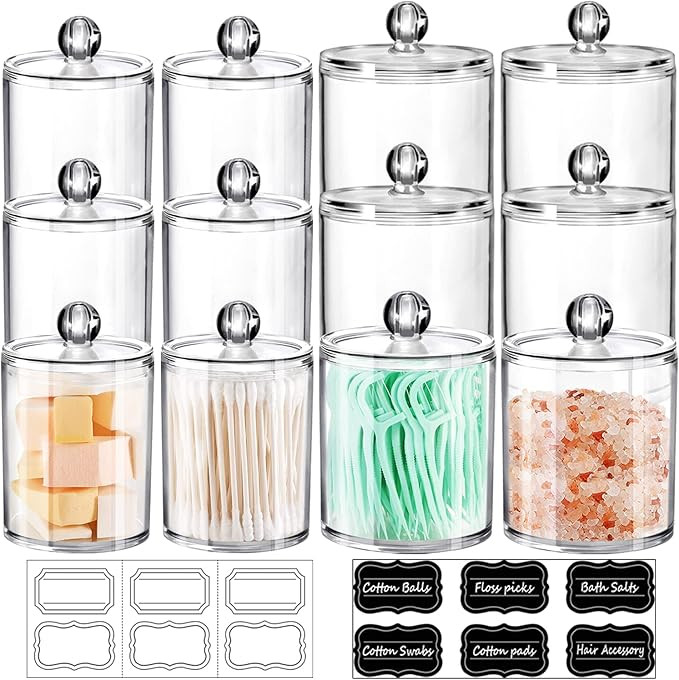 12 Pack Qtip Dispenser Apothecary Jars Bathroom Set with Labels - Clear Plastic Qtip Holder Stora... | Amazon (US)