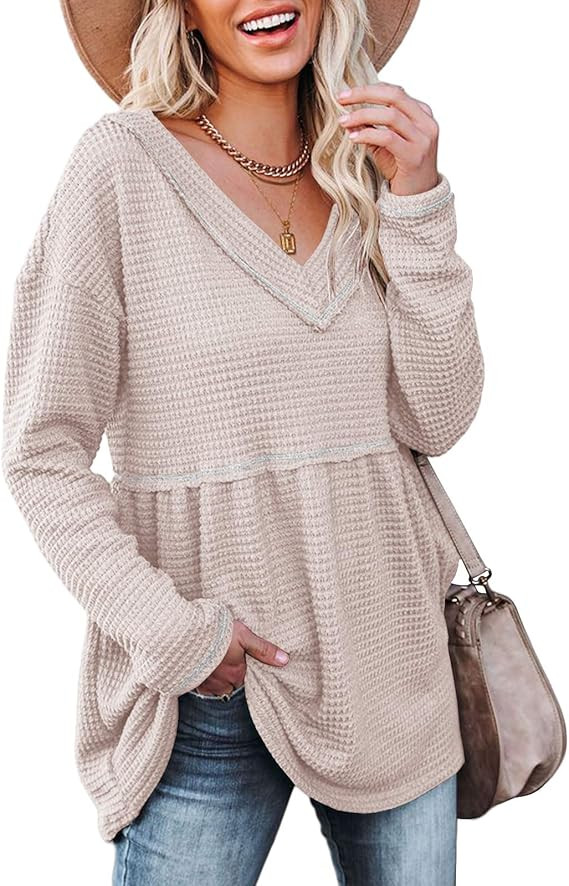 Womens V Neck Waffle Tunic Top Long Sleeve Peplum Pullover Babydoll Casual Flowy Swing Tshirts Pu... | Amazon (US)