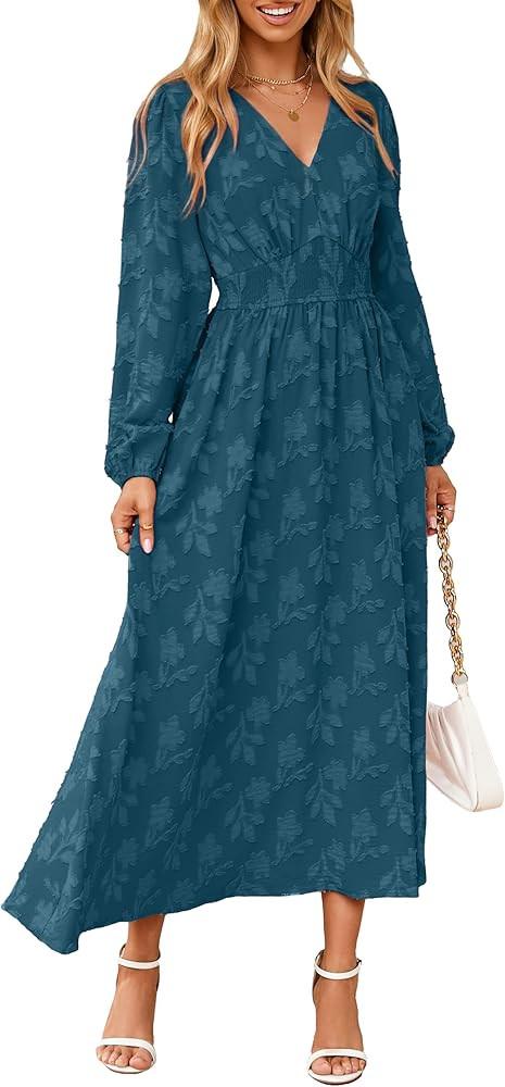 Simplee Womens Boho Floral Long Sleeve Maxi Dress V Neck Empire Waist Fall Wedding Guest Dresses ... | Amazon (US)