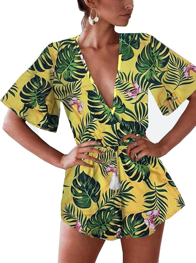 Famulily Women's Plunge V Neck Romper Printed Summer Beach Shorts Jumpsuits Playsuit | Amazon (US)