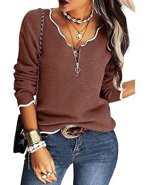 Hongqizo Women's V Neck Long Sleeve Sweater Half Zipper Knit Sweater Casual Cricket Stripe Jumper... | Amazon (US)