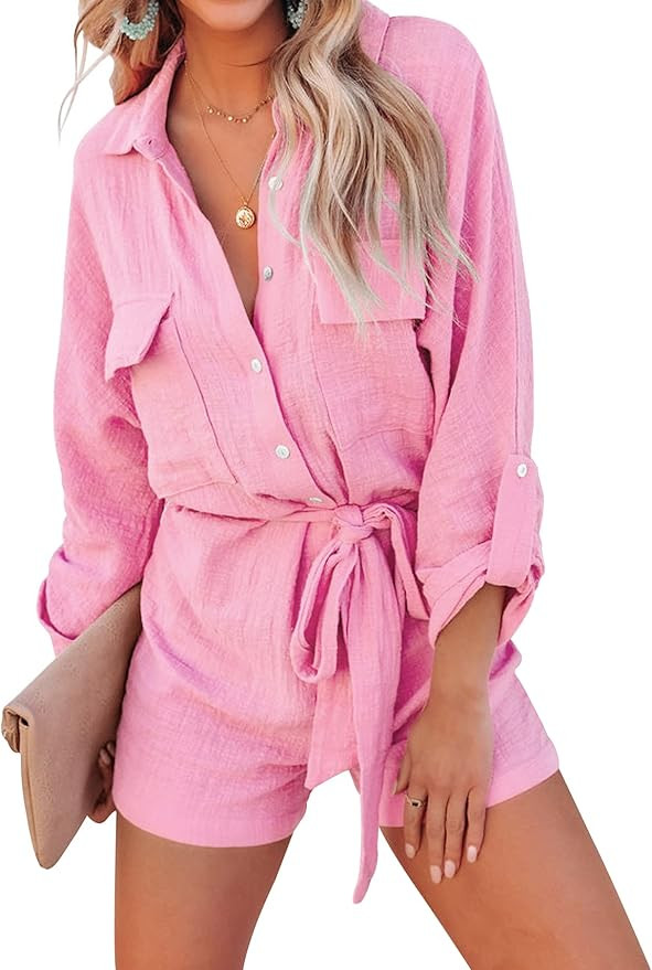 Ebifin Women's Long Sleeve Button Down Romper Pockets Belted Loose Casual Jumpsuits | Amazon (US)