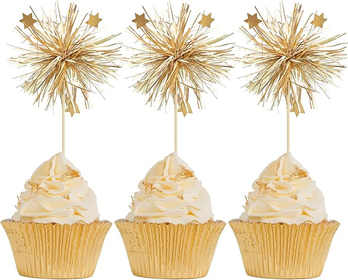 Gyufise 30Pcs Foil Firework Cupcake Toppers Happy Birthday Cake Toppers Sparkle Tinsel Flower Dri... | Amazon (US)
