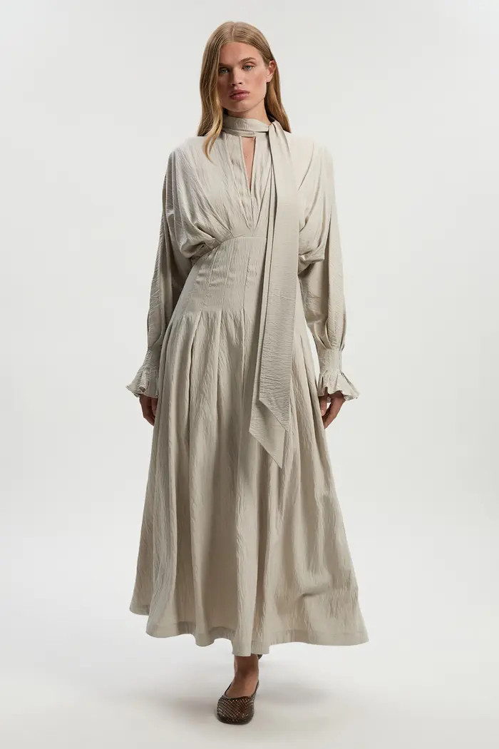 Pleated Neck Tie Detail Woven Maxi Dress | Nordstrom