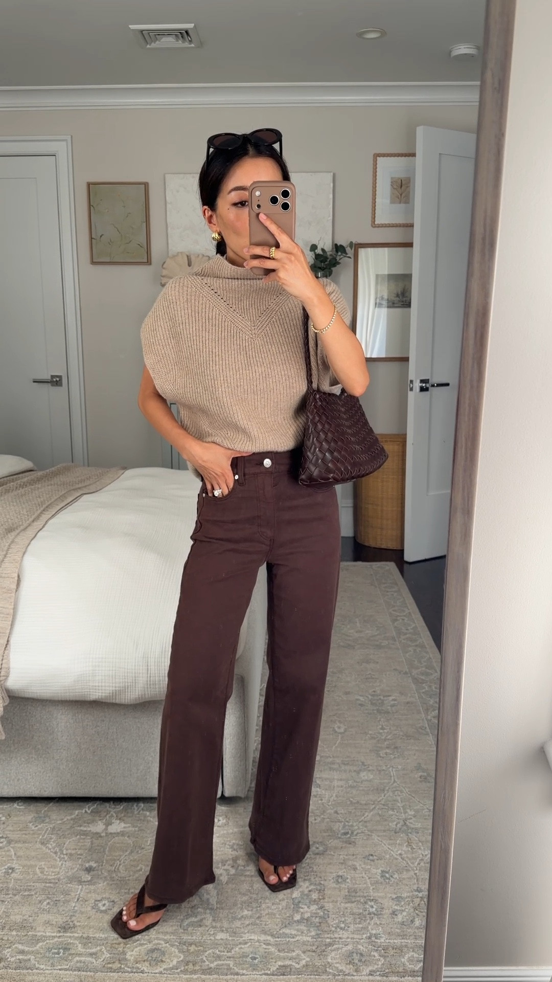 Size info below! • Paige Anessa High-Rise Wide-Leg Jeans 24 petite, stretch denim with wider straight leg 
• Cashmere poncho sweater vest xxs looser fit, can wear with cami 
• Woven shoulder bag 
• Tony Bianco kitten heels 5.5 

Petite friendly jeans, petite fashion, transitional outfit

#LTKPetite #LTKootd #LTKSeasonal
