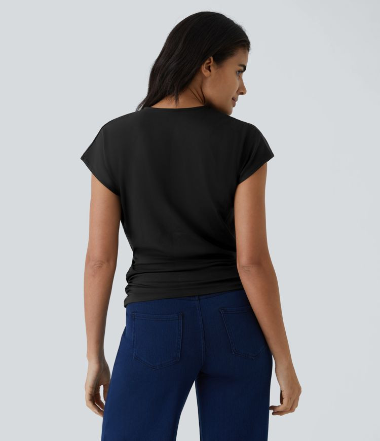 Women’s V Neck Cap Sleeve Crossover Ruched Solid Work Blouse - Halara | HALARA