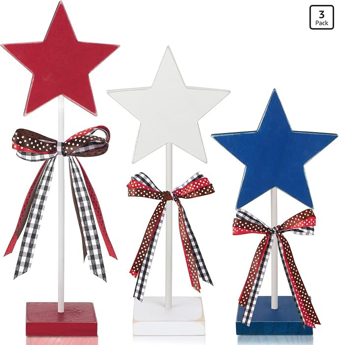 3 Pcs 4th of July Table Decorations, Patriotic Wooden Centerpieces with 250th Red White Blue Stars Rustic Memorial America Independence Day Stand for Tiered Tray Mantel Shelf(Cute Style) | Amazon (US)