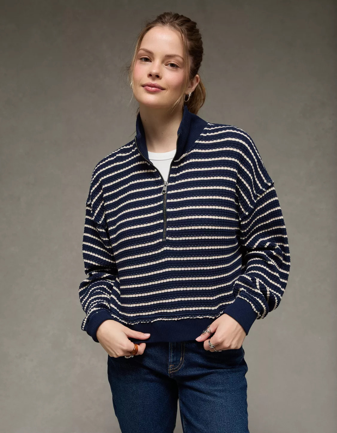 AE Half-Zip Waffle Fleece Sweatshirt | American Eagle Outfitters (US & CA)