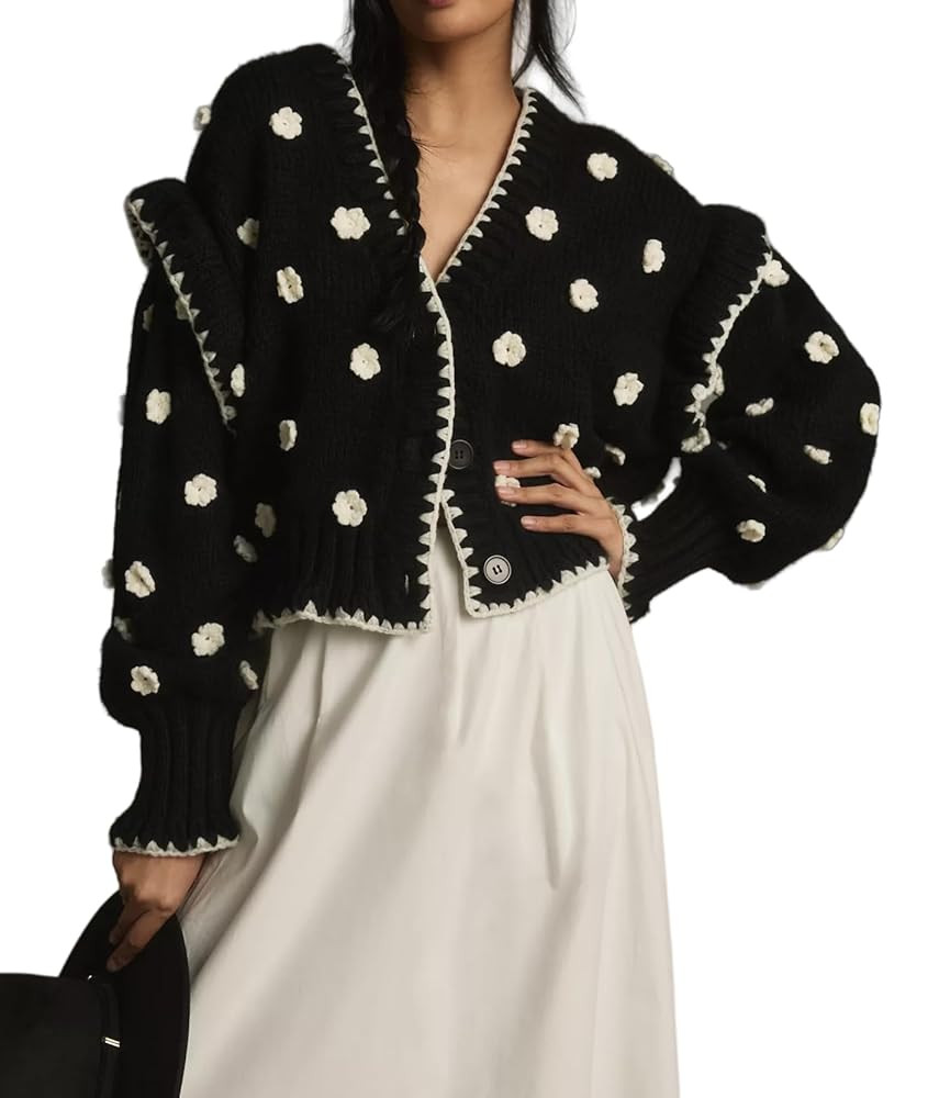Womens Floral Cardigan Sweater Chunky Knit Drop Shoulder V Neck Button Down Embroidered Flower Ca... | Amazon (US)