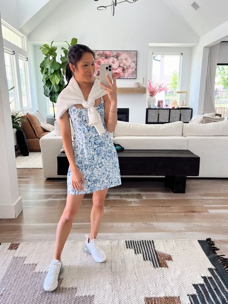 Spring athleisure with athletic dress in blue pattern that is so pretty and chic looking! Wearing size XS and it fits TTS! Can be dressed warmer with a light jacket or sweatshirt. Perfect for spring and summer 

#LTKfitness #LTKstyletip #LTKSeasonal