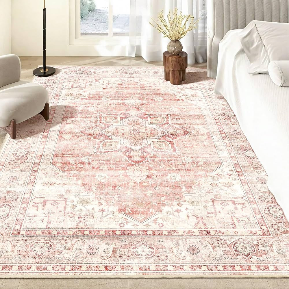 5x7 Area Rugs Washable, Pink Rug for Living Room Bedroom Dining Room Kitchen, Soft Floral Vintage... | Amazon (US)