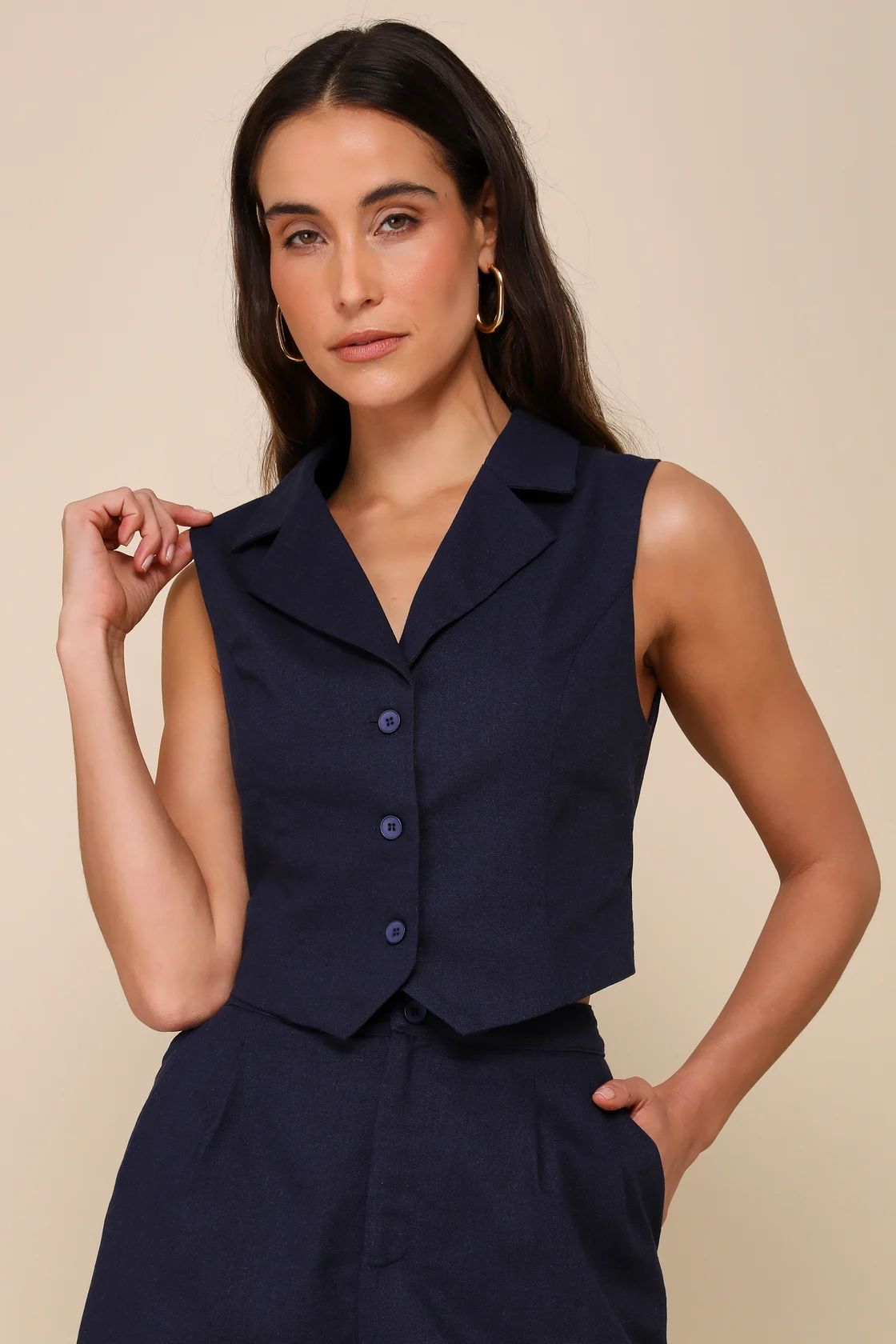 Charismatic Entrance Navy Blue Linen Collared Vest Top | Lulus