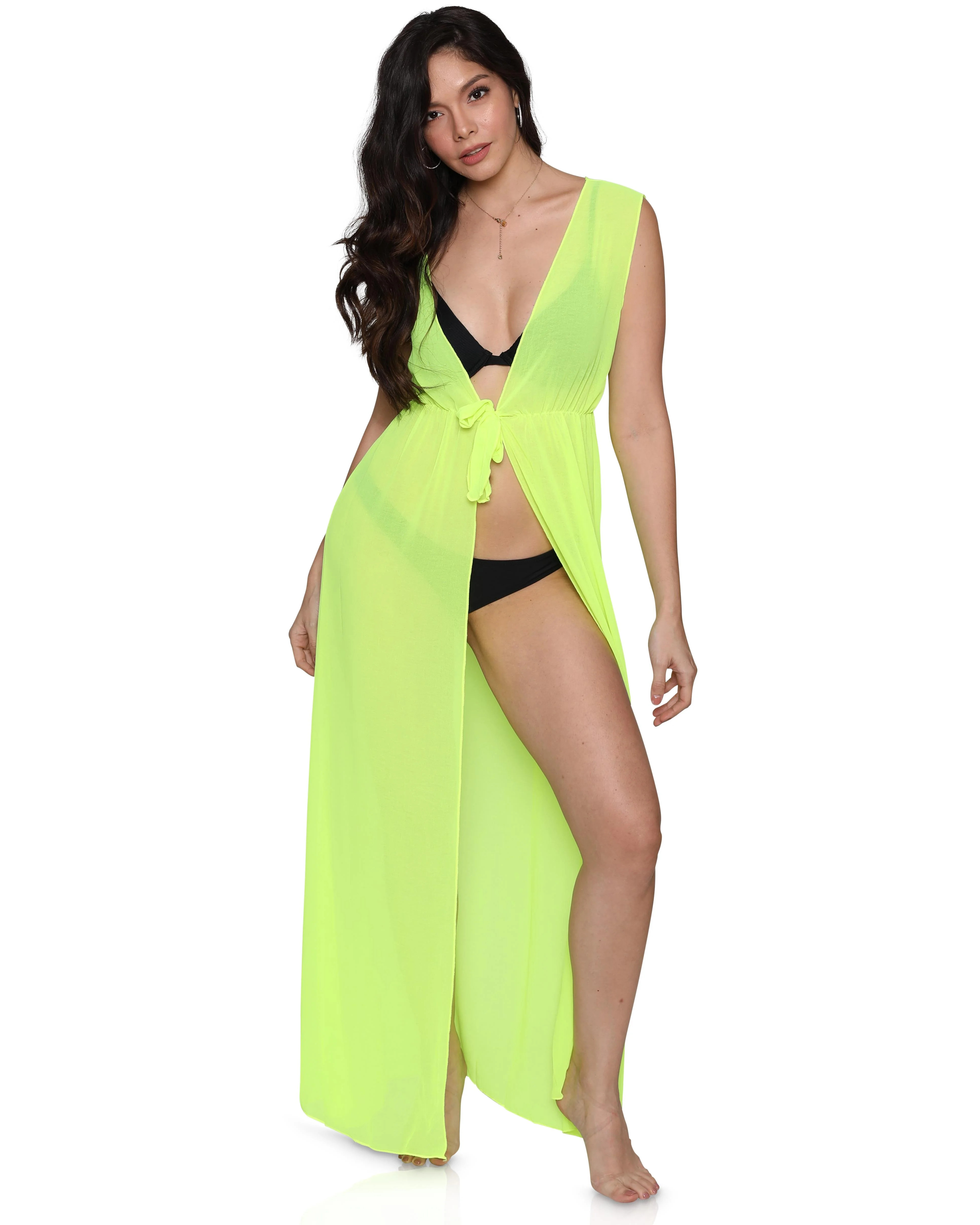 Womens Sleeveless Sheer Front Tie Neon Beach Swimsuit Cover Up Female Dress, Neon Green, Size: On... | Walmart (US)