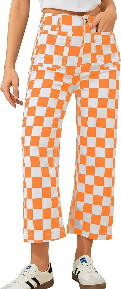 Cropped Jeans for Women Checkered Pants Casual High Waisted Stretchy Straight Leg Trousers with P... | Amazon (US)