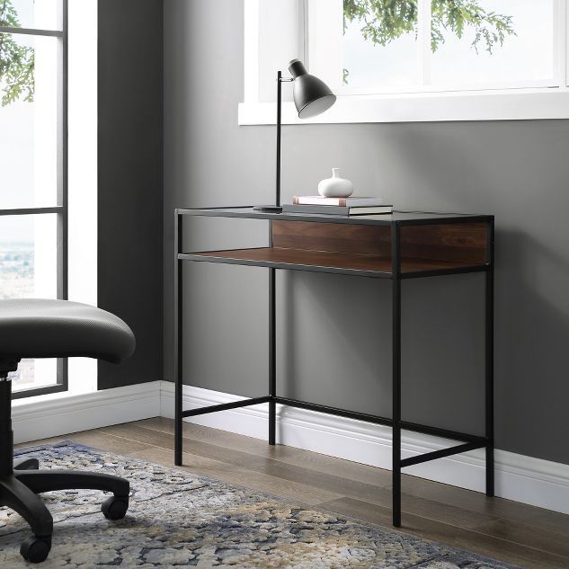 35" Metal & Wood Compact Desk with Glass - Saracina Home | Target