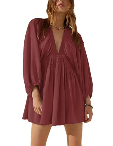 Tiko Miko Women's 3/4 Sleeve V Neck Tunic Dress Casual Loose Flowy Mini Dress Babydoll Spring and Summer Dresses 2025 Brickred | Amazon (US)