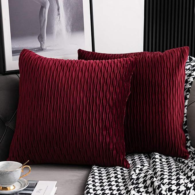 DEZENE Wine Red Throw Pillow Covers: 2 Pack 20x20 Inch Original Striped Velvet Square Decorative ... | Amazon (US)