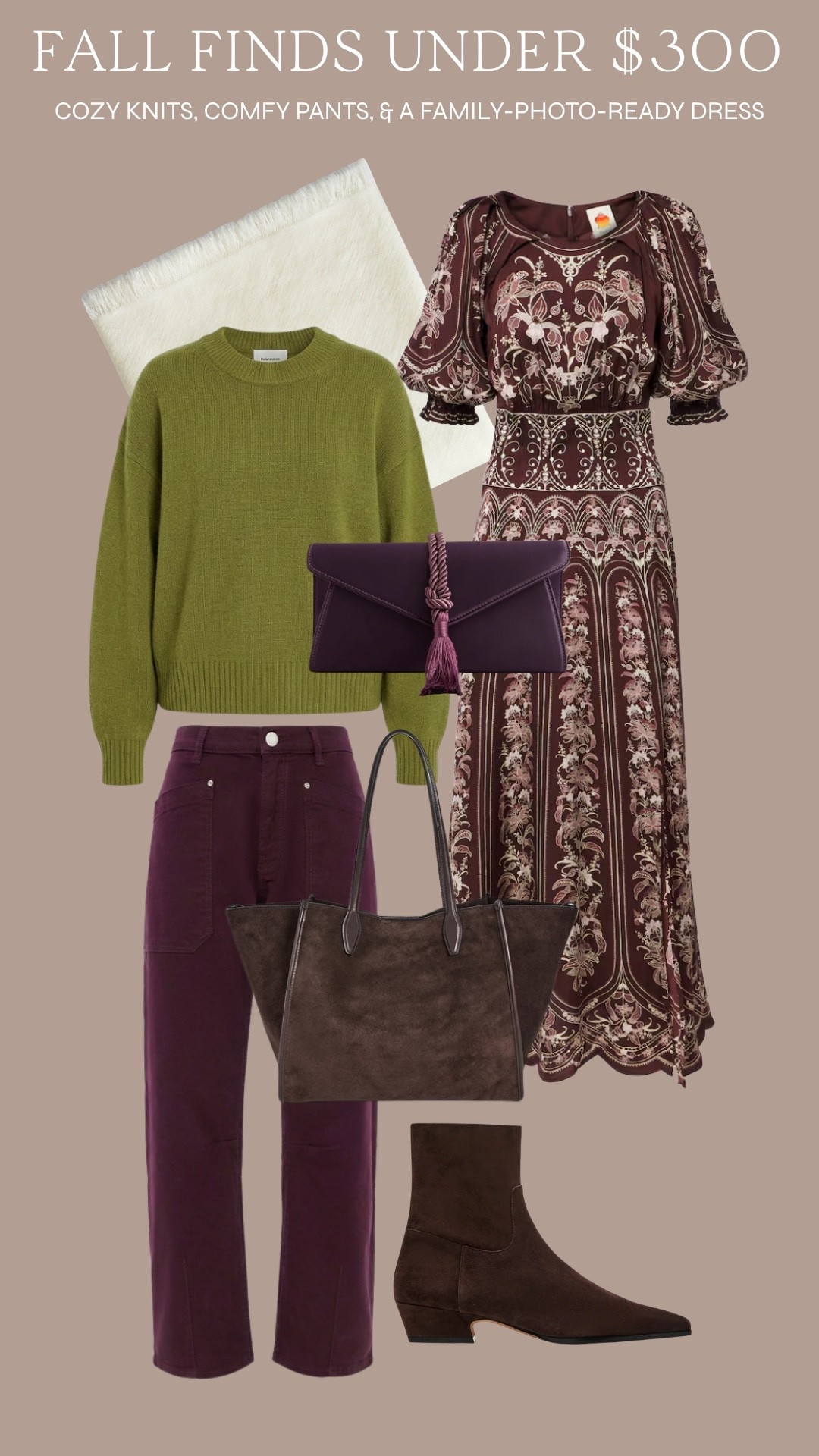 Fall finds under $300 🤎 This Farm Rio dress would work for the office, family photos, and even Thanksgiving day. Pants are in my closet and so great for casual comfy looks (TTS)! And @Tuckernuck favorite tassel clutch under $100 is back in a gorgeous plum ✨