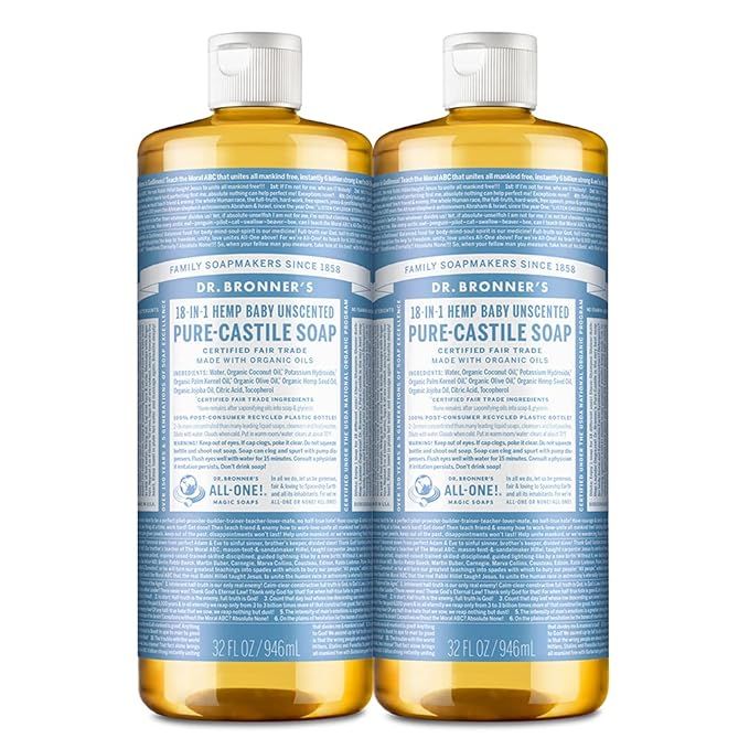 Dr. Bronner Liquid Soap (Baby Unscented, 32 ounce, 2-Pack), Face, For Sensitive Skin and Babies | Amazon (US)