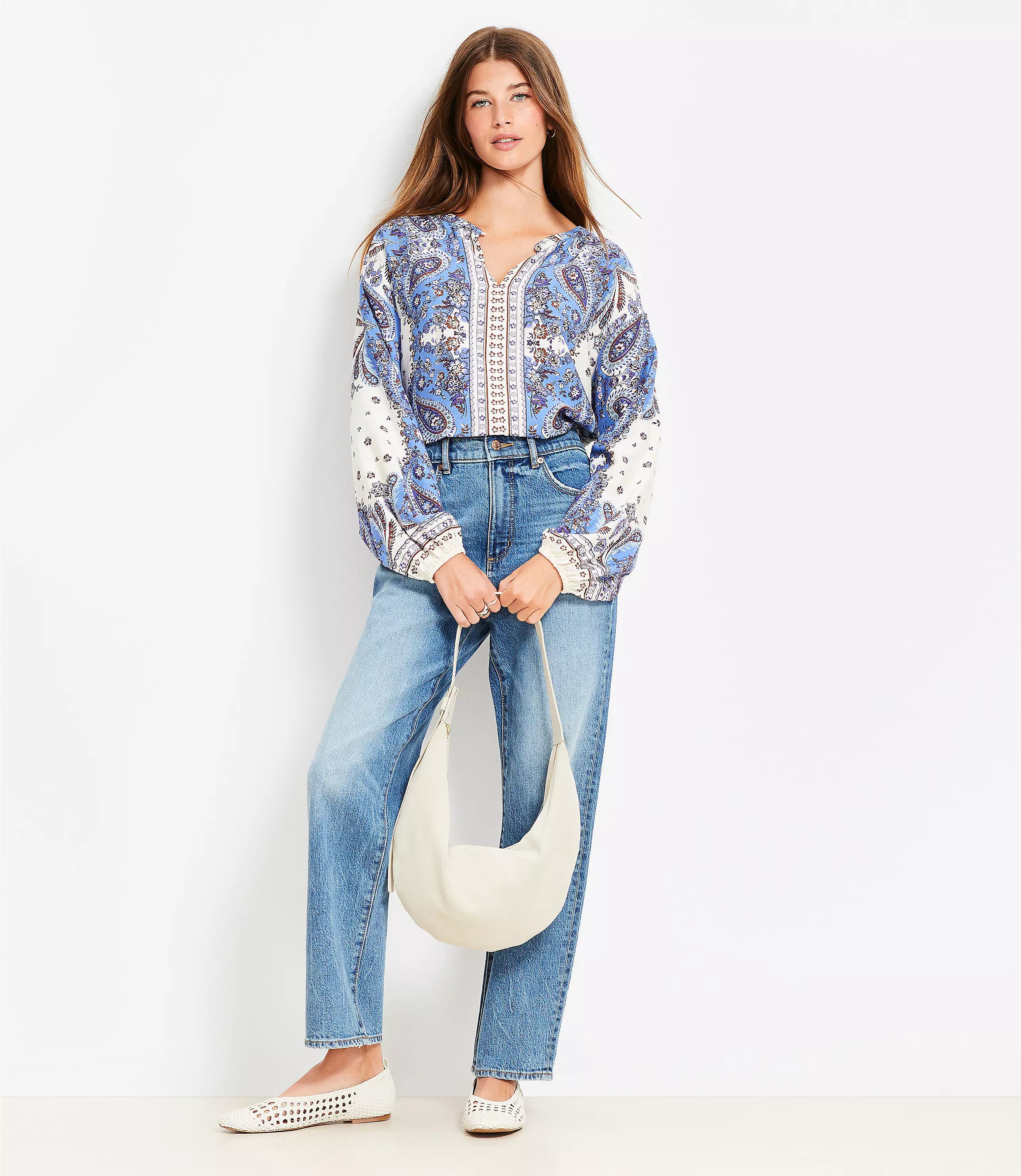 Bandana Print Split Neck Balloon Sleeve Blouse | LOFT