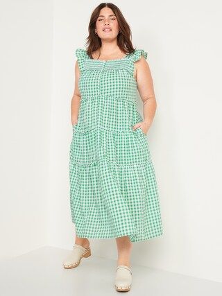 Flutter-Sleeve Printed Tiered Smocked Midi Swing Dress for Women | Old Navy (US)