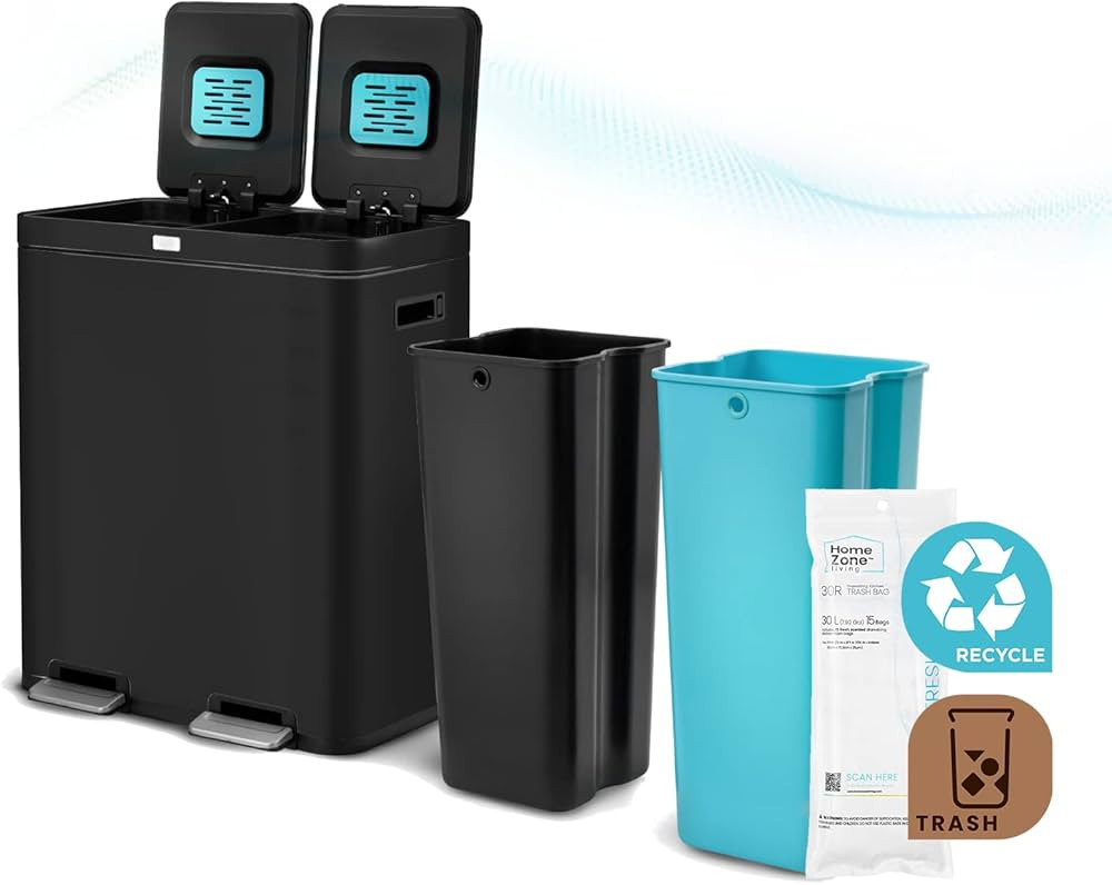 Home Zone Living 15.8 Gallon Kitchen Trash Can, Dual Removable Liners for Recycling and Trash, Cl... | Amazon (US)