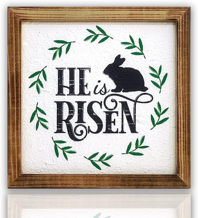 CYPREWOOD He is Risen Easter Bunny Wooden Framed Wall Hanging Sign, 10.6"x10.6" Farmhouse Easter ... | Amazon (US)