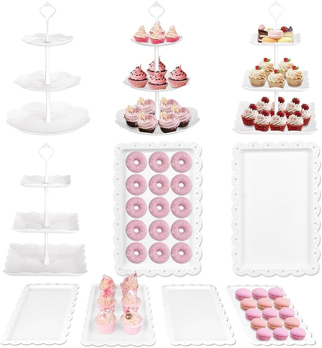 Mwellewm 10 Pcs Cake Stand White Plastic Dessert Table Display Set 4 Pcs 3 Tired Cupcake Stand Co... | Amazon (US)