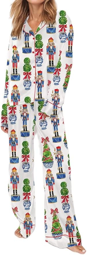 Women Christmas Pajama Set Y2k Nutcracker Long Sleeve Shirt and Pjs Pants Cute Satin Pajama Outfi... | Amazon (US)