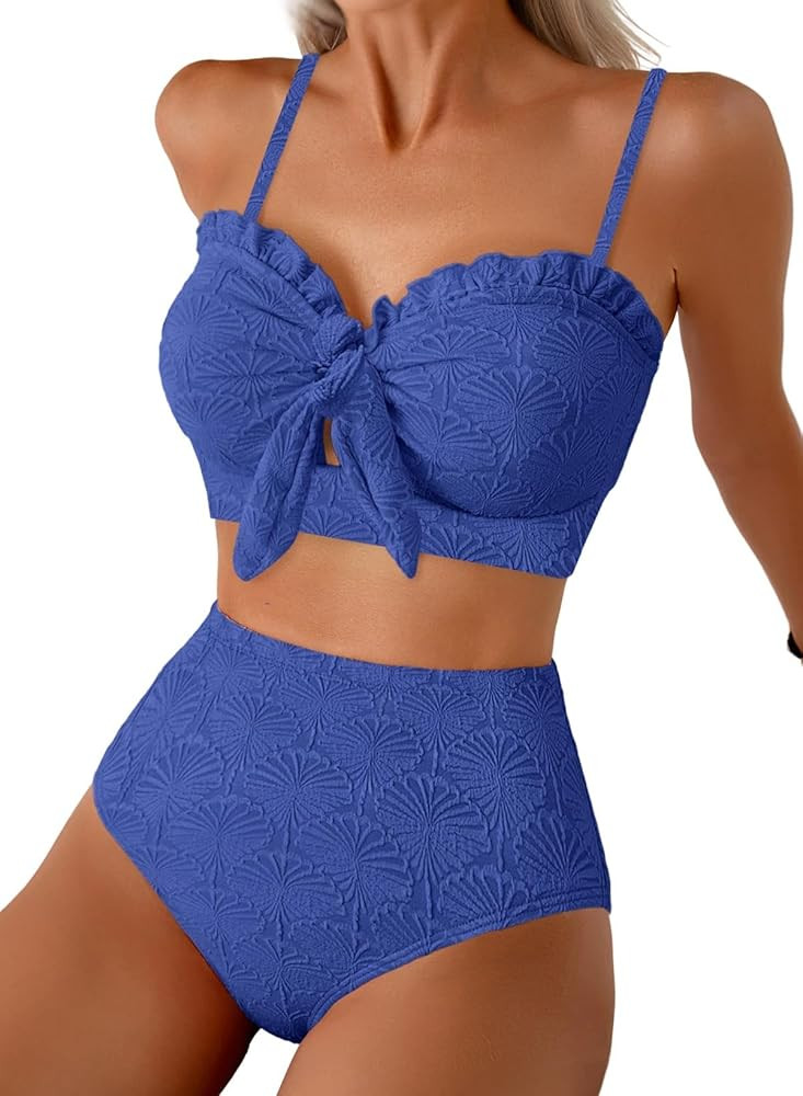 Herseas Women's Seashell Textured Bikini Sets Knotted Front 2 Piece Swimsuits Ruffle Trim Bathing... | Amazon (US)