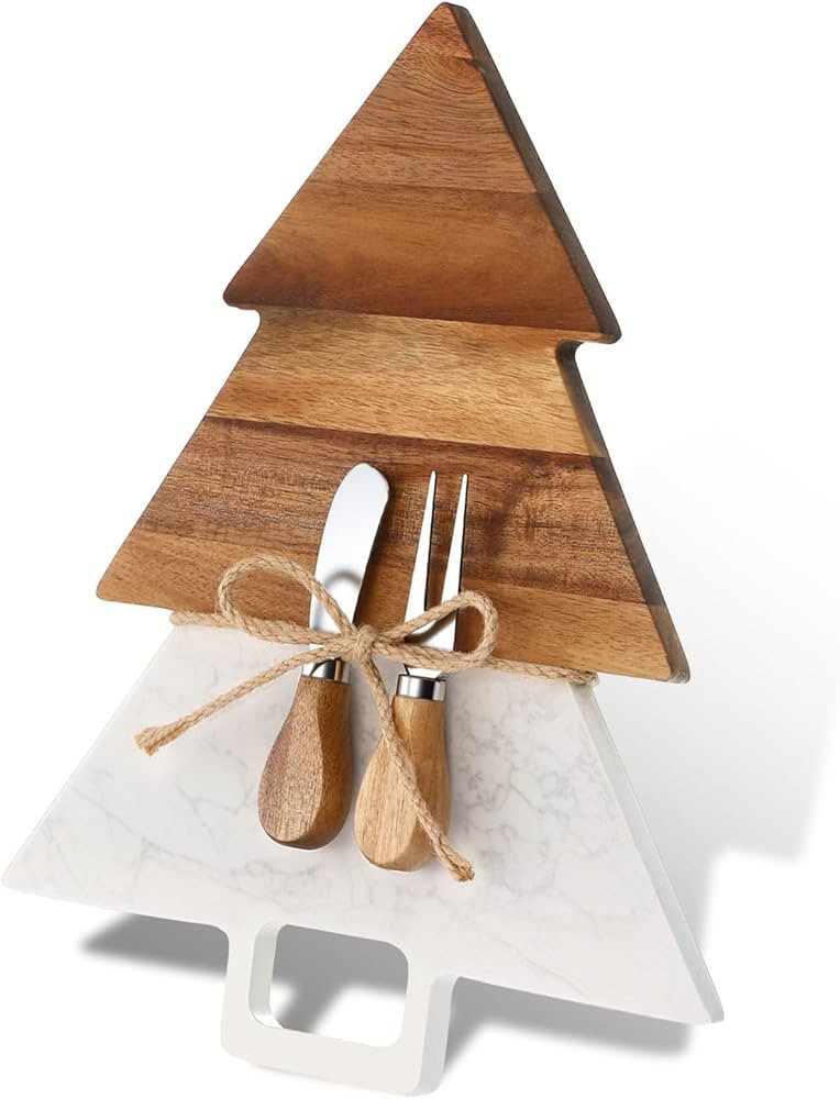 Christmas Tree Shaped Marble Charcuterie Cutting Serving Board with Cheese Utensils Cutting Board... | Amazon (US)