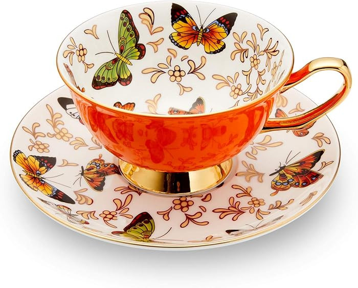 LURRIER Coffee Cup Mug with Saucer for Latte, Cappuccino Tea with Butterflies 6.8 Oz Fine Bone Ch... | Amazon (US)