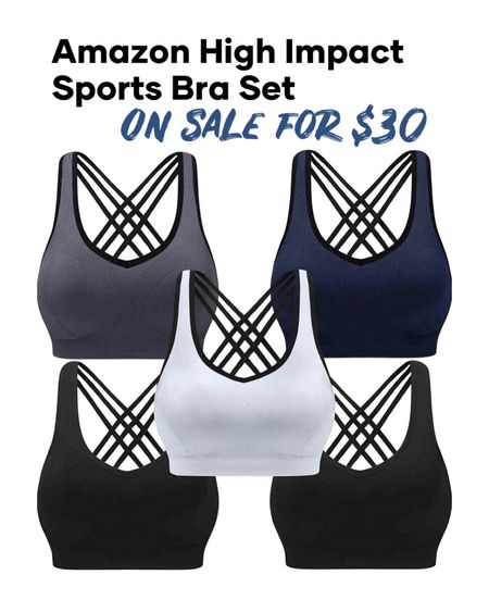 5 pack of cute crisscross racer back sports bras. High impact sport bra set. Comes in a variety of colors and styles. On sale for $30 with amazon prime. Amazon workout set. Amazon fashion. Exercise gear. Amazon fitness.

#LTKFind #LTKsalealert #LTKfit