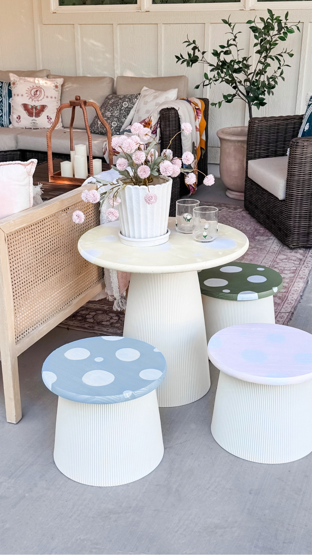 Wait, this mushroom table set started as planters! 🍄 We grabbed rustoleum’s new Low Odor Spray Paint in the prettiest hues during our latest walmart run and put this together in no time. It’s made with 40% less paint smell, so you can tackle DIY projects without that overpowering paint odor… same beautiful finish, just a much more pleasant painting experience 😌 #ad

Another thing we loved: it’s water-based so cleanup is easy and you can recoat pretty quickly. We did two coats and ours were dry to the touch in about an hour. I’m using this set for extra seating outside, but honestly I could’ve brought them indoors without worrying about that strong spray paint smell. Total game changer, right?