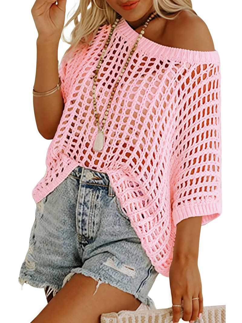 Shine Up Crochet Beach Coverups Women Swimsuits Summer Short Sleeve Blouses Knit Hollow Out Tops | Walmart (US)