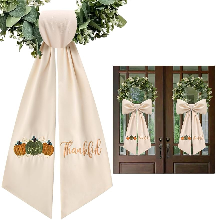 2 Pcs Thankful Wreath Sash for Front Door Embroidery Pumpkin Ribbon Sash for Fall Thanksgiving Ya... | Amazon (US)