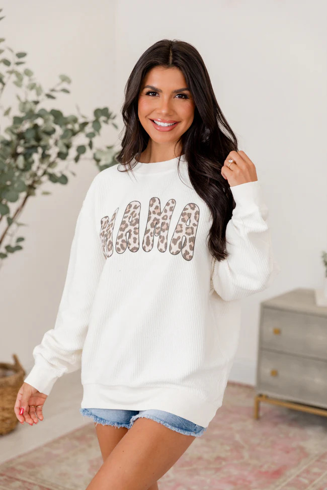 Mama Leopard Ivory Corded Graphic Sweatshirt | Pink Lily