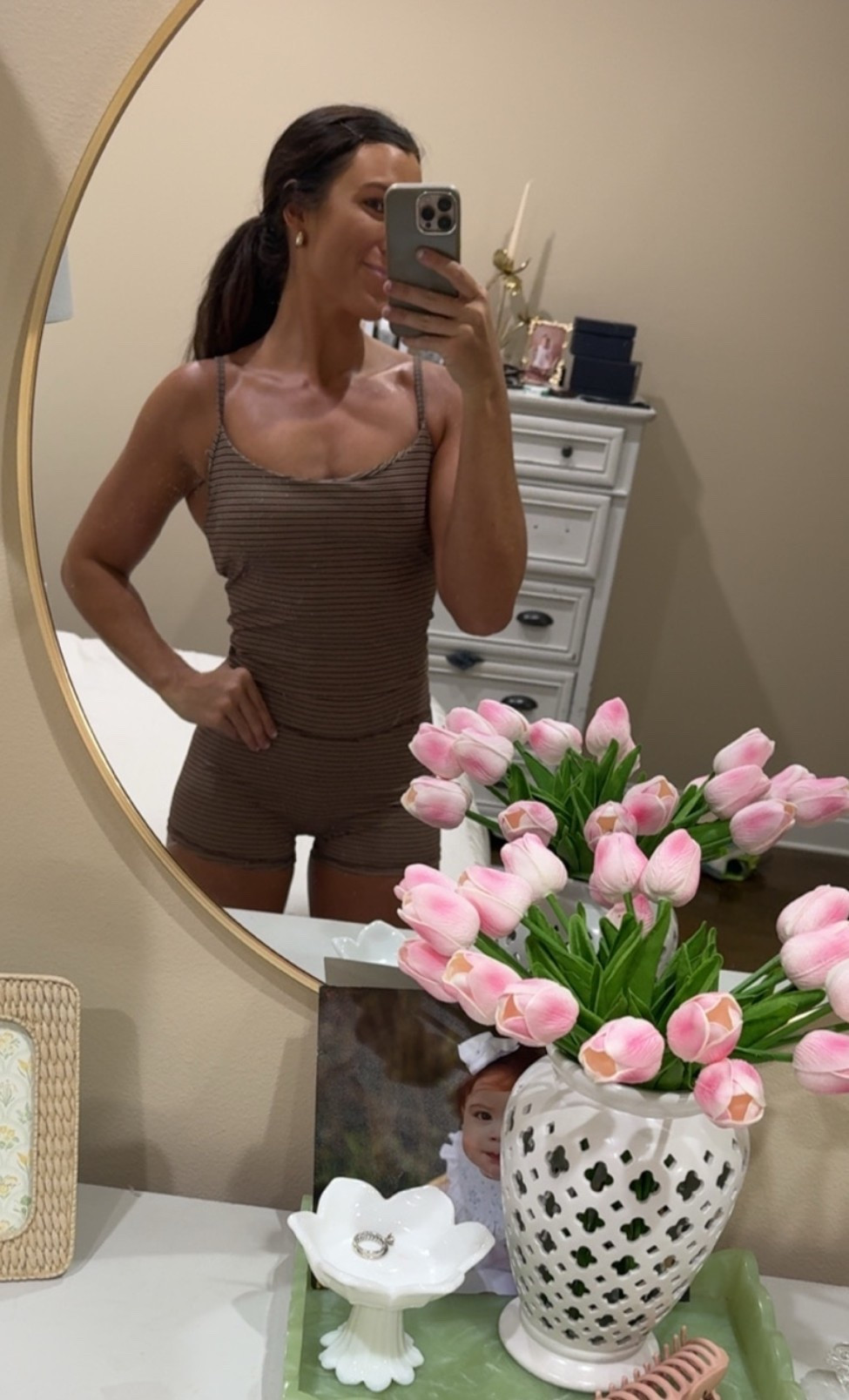 Wearing my true size medium! So comfy! Tank has built in padding! #fall #fallset #fallbikershortset #stripes #falltransistion