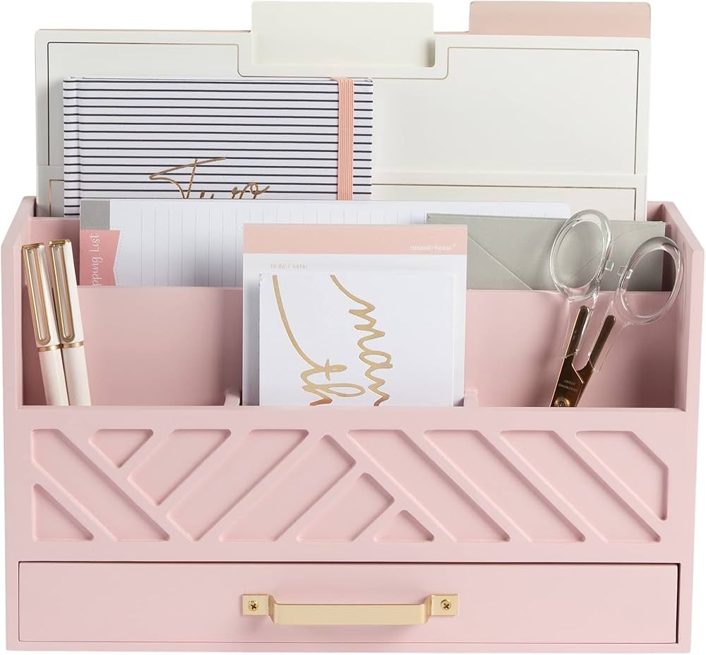 BLU MONACO Pink Wooden Desk Organizer with Storage Drawer and Gold Handle - Desk Organization and... | Amazon (US)