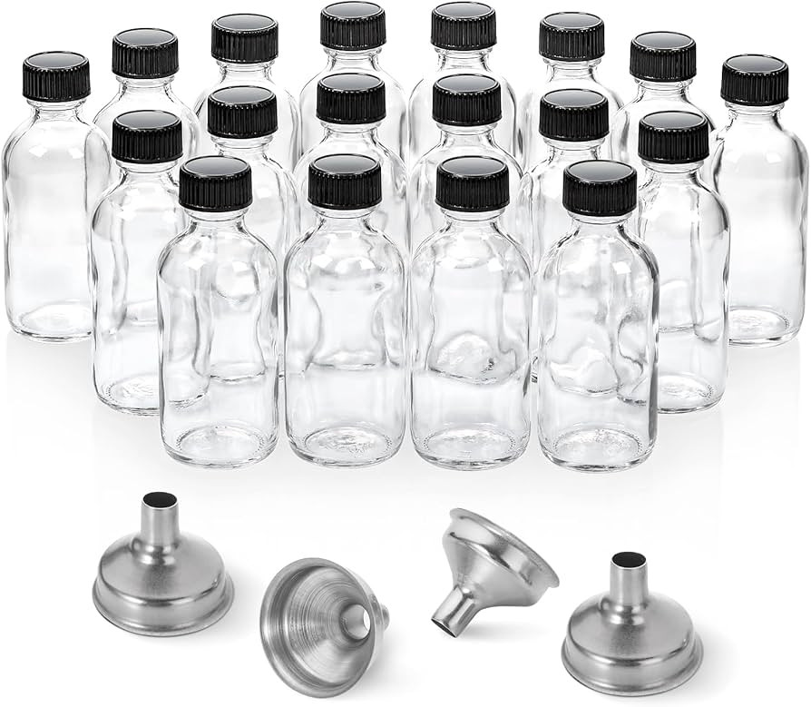 18 Pack, 2 oz Small Clear Glass Bottles w/Lid & 4 Stainless Steel Funnels - 60ml Boston Sample Bo... | Amazon (US)
