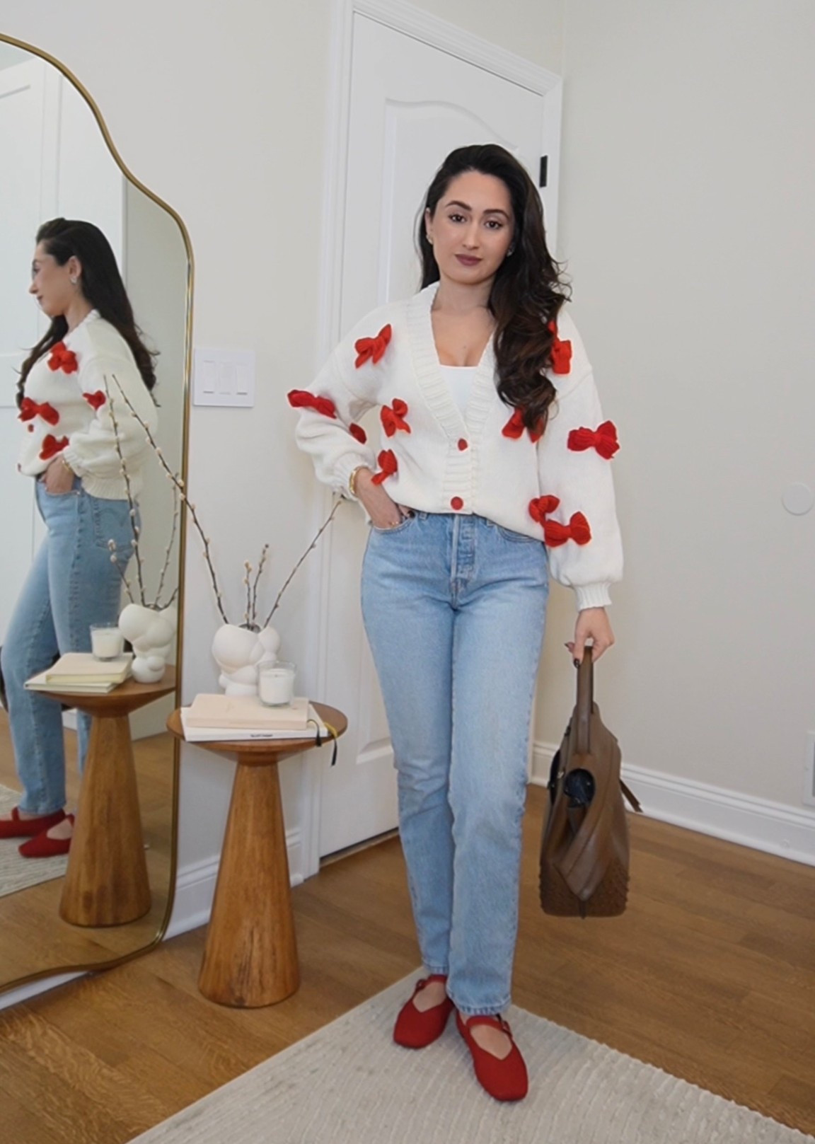 Bow details, a cozy cardigan, blue denim, and a touch of red ❤️🤍💙 Effortless everyday look. 

#LTKWorkwear #LTKgrwm #LTKootd