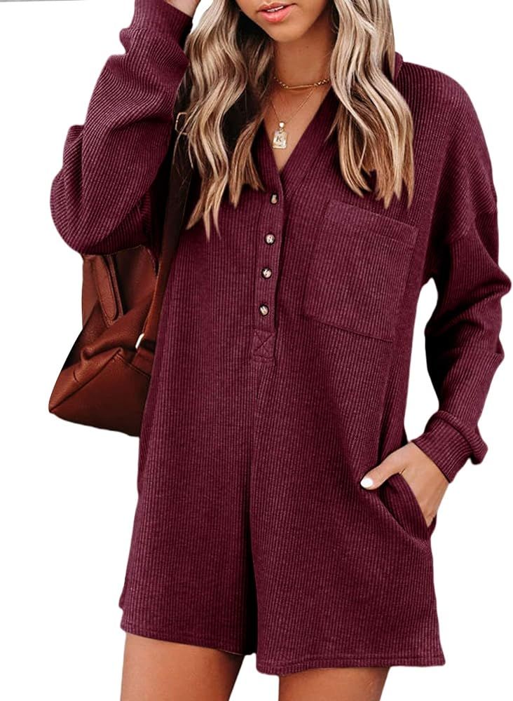 Women's V Neck Button Down Romper Fall Casual Waffle Knit Long Sleeve Playsuit Short One Piece Ju... | Amazon (US)