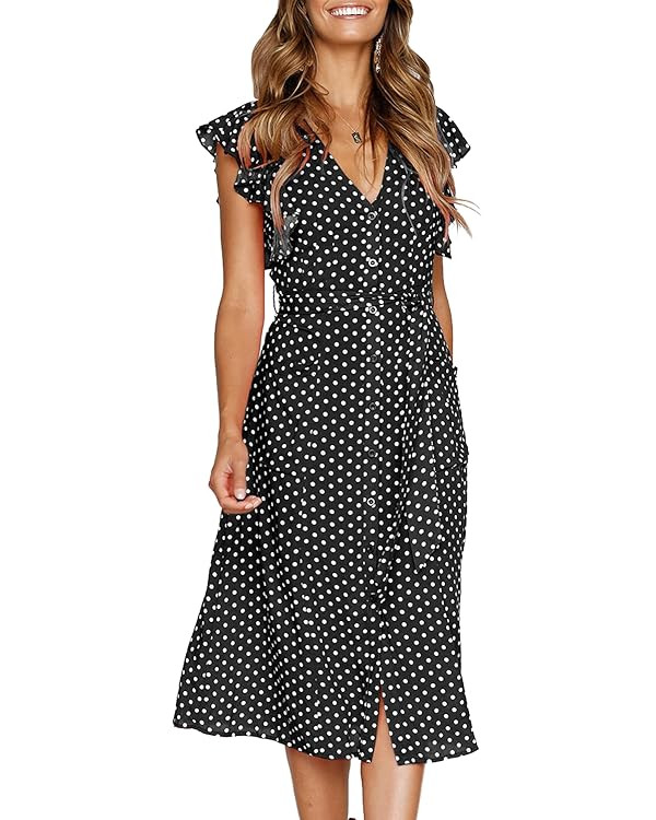MITILLY Women's Boho Polka Dot Flutter Short Sleeve V Neck Button Down Swing Midi Dress with Pock... | Amazon (US)